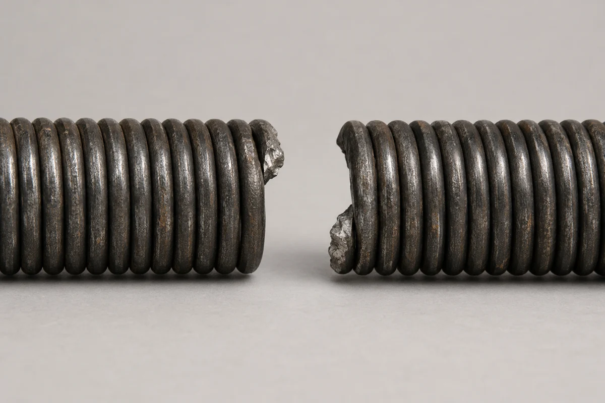 A torsion spring separated at a visible break in its coiled steel wire.